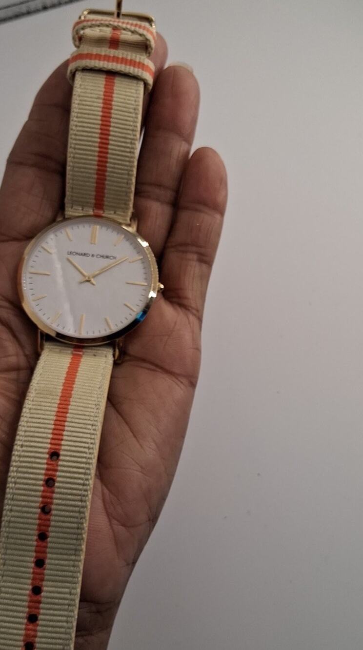 Leonard & Church Watch Gold Tone White Dial Beige Orange Nylon Leather Strap